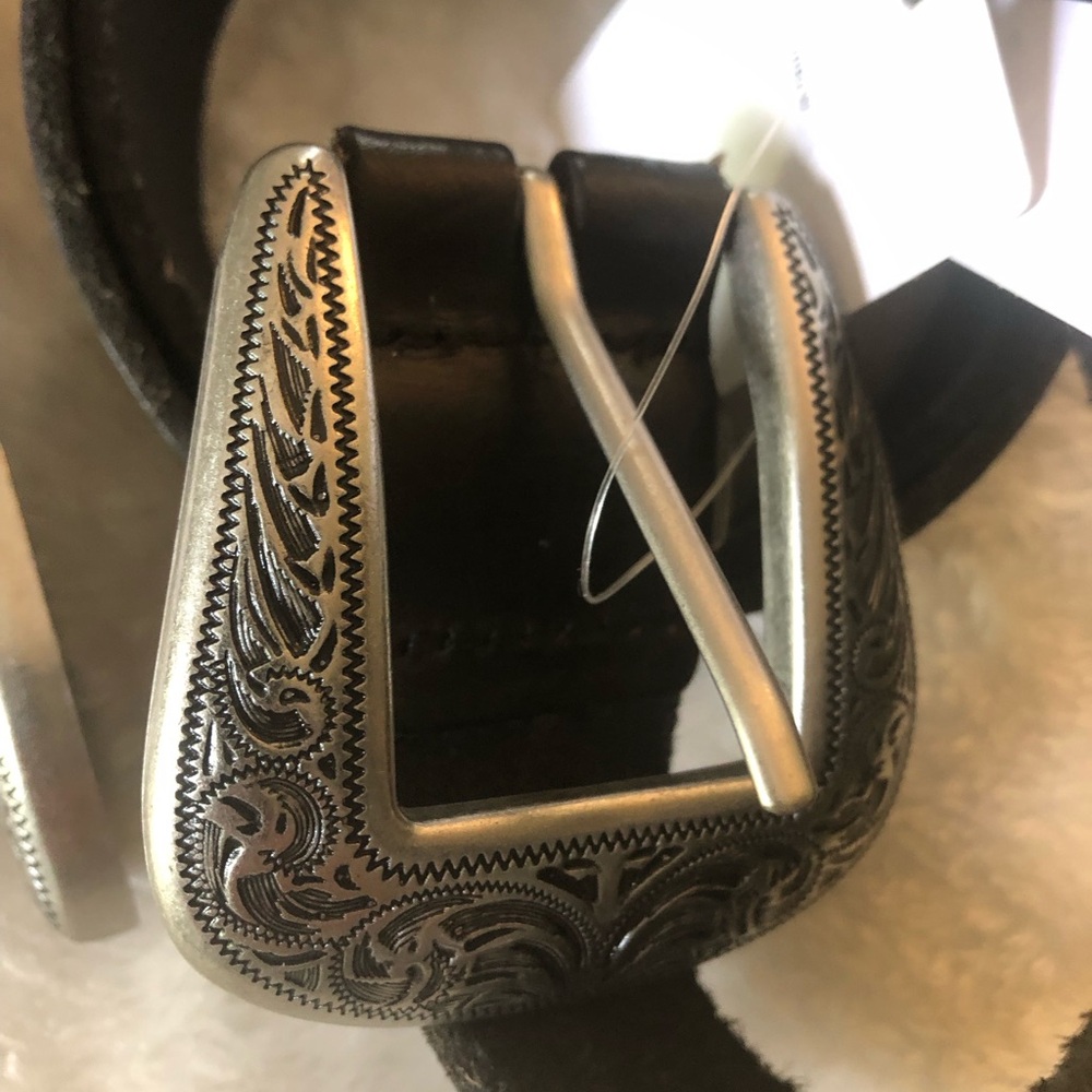 NWT Black Leather Belt with Engraved Silver Buckle